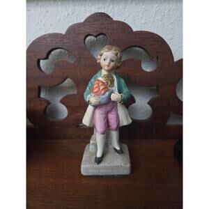 Vintage 1940s-60s Bisque Porcelain Boy Figurine w Toy Boat 5.25" Victorian Style